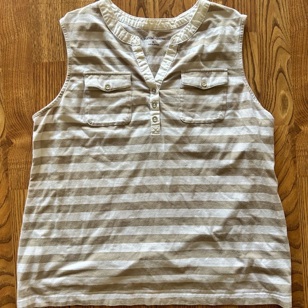 Croft & Barrow Striped Sleeveless Henley Top | Tan White Large